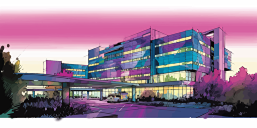 an ink illustration vector DESIGNMILK of cedars-sinai hospital the palette is purple magenta electric blue and green