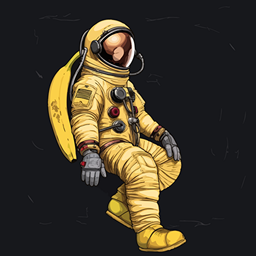2d vector art, banana-shaped astronaut floating, yellow pallete, low saturation, digital art, black background