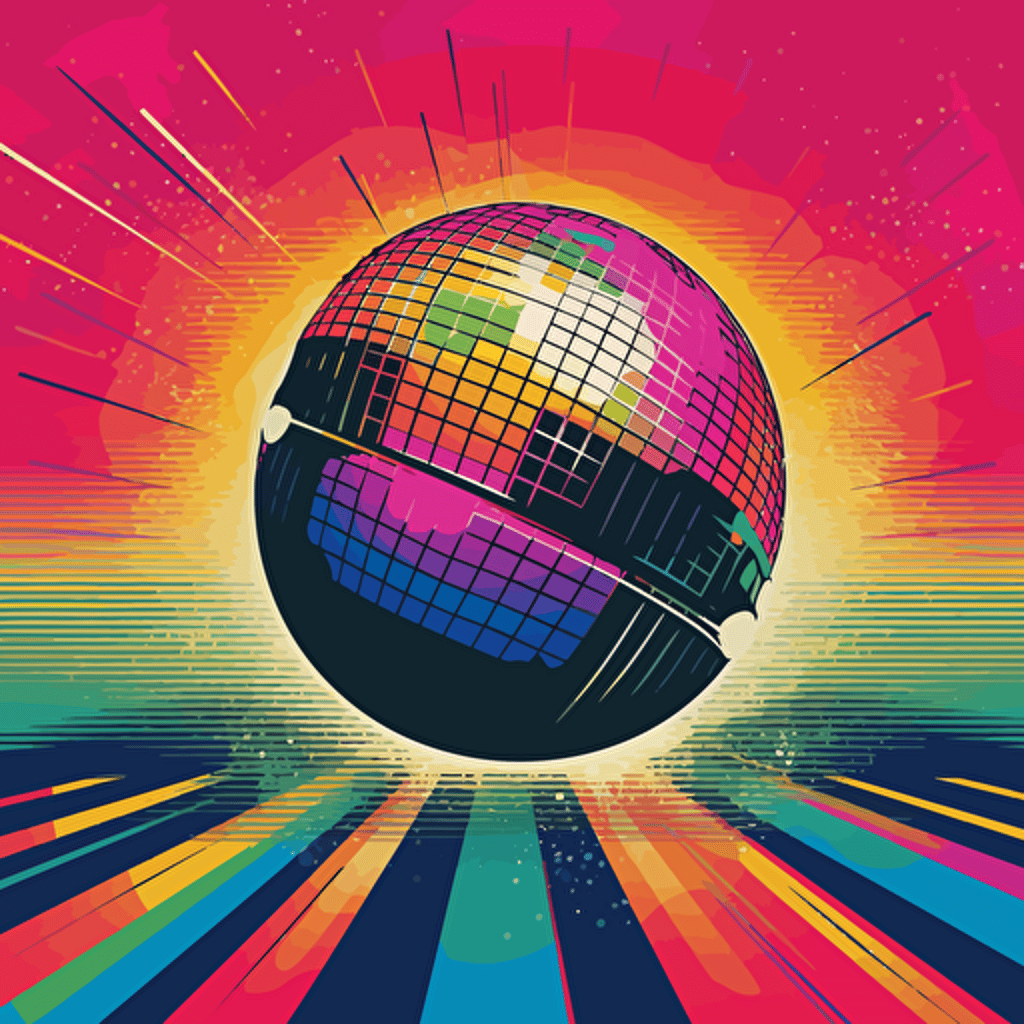 design a awesome retro poster, with retro colors a disco ball, vinyl records, vector, pink floyd style