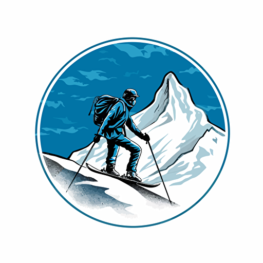 alpine climber on a snowy mountain LOGO, black to ice blue, vector white background