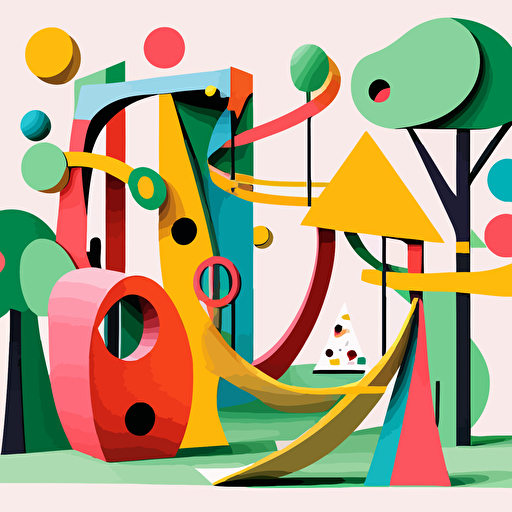 Inspired by Joan Miró's abstract shapes and biomorphic forms, create a vector illustration of a fantastical playground filled with imaginative play structures, where children and their families are having fun. Set the scene during a bright summer day.