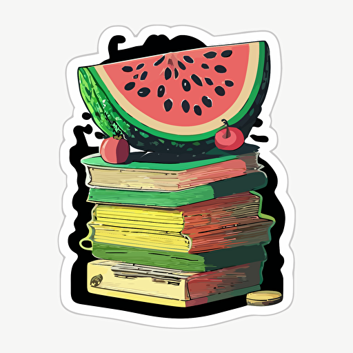 Sticker art, vector art, a stack of books with an watermelon on top