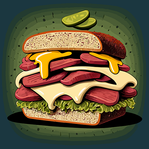 pastrami sandwich on a brioche bun with cheese and pickles, cartoon, vector art