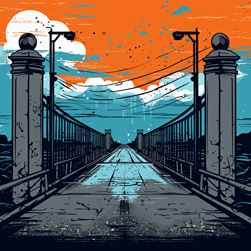a vector image of a bridge leading to a prison in the distance, blue and orange and dark gray, graffiti style