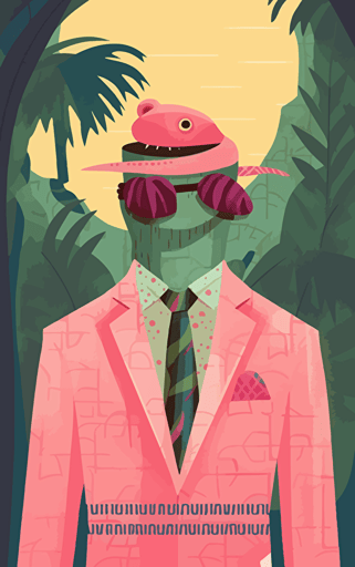 flat vector book cover design showing painted wallpaper hawaii background to a pink anthropomorphic gecko salesman wearing a battered worn suit