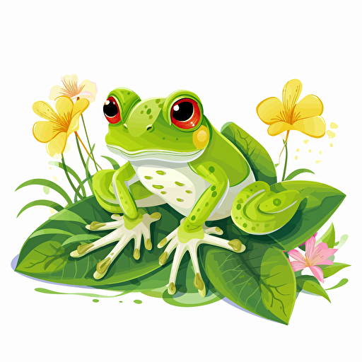 frog sitting on leaf, flowers, detailed, cartoon style, 2d clipart vector, creative and imaginative, hd, white background