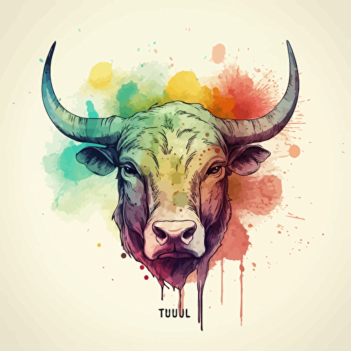 vector line drawing of taurus bull head, with multicolor, watercolor background.