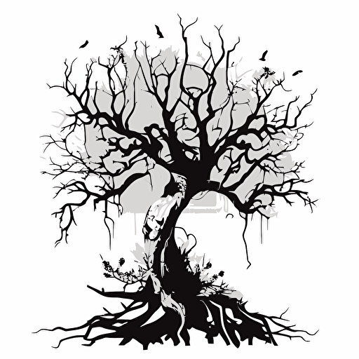 black and white vector image of magical tree decaying