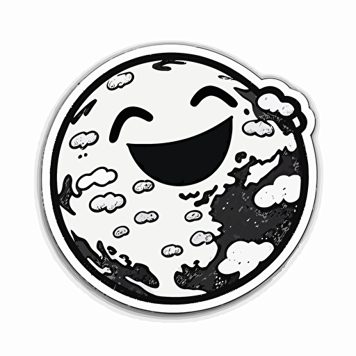 kawaii diecut sticker, the earth [happy face] retro cartoon 1950 [black and white] vector, white background, digital art