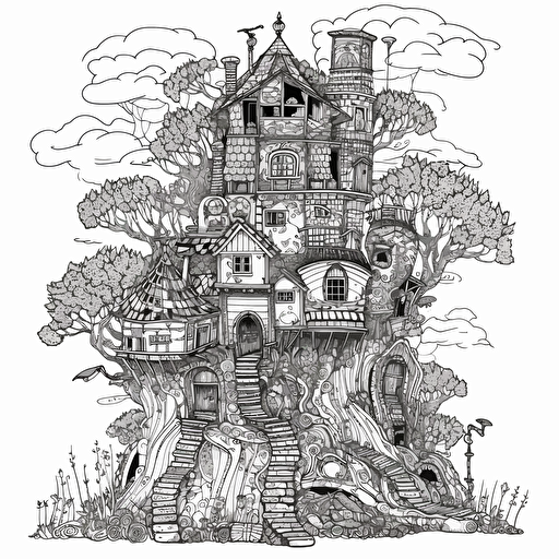 a tall whimsical medieval hobbit house, in a flat 2d vector style, black and white, no perspective, zentangle style, in the style of artist johanna basford