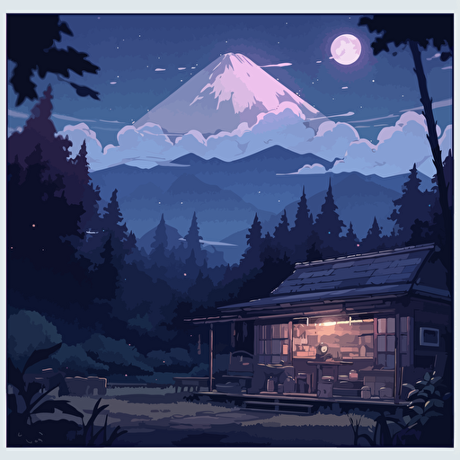 the night in the mountains in japan, full moon, relaxing picture, vector style