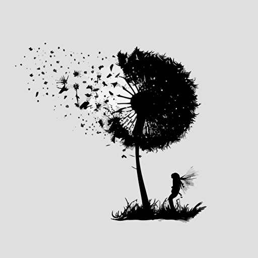 simplistic vector 2d image black ink dandelion left handside blowing in the wind away to the right
