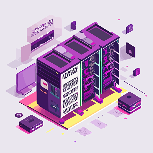 dedicated server, hosting, isometric, flat illustration, svg, UI illustration, GUI, Minimalism, vector art, White background, purple palette