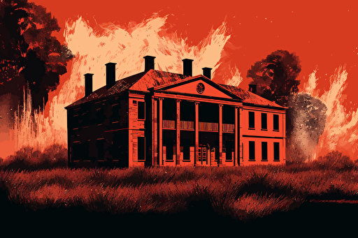 plantation house on fire, vector, gritty, detailed, red background,