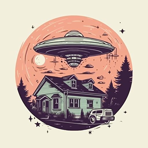 ufo pizza delivery, design, suburban night scene, retro, 2d, vector, white background