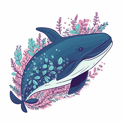 whale, detailed, cartoon style, 2d clipart vector, creative and imaginative, floral, hd, white background