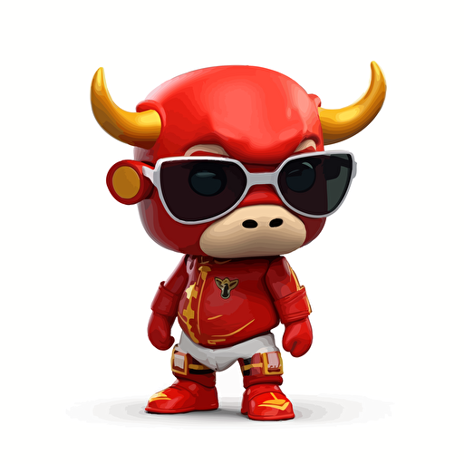 a vector picture in Unreal Engine of a bull funko pop dressed in Arsenal soccer colors clothes, white background for a clean, minimalist design