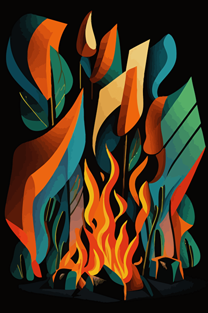 abstract campfire, simple shapes, orange, blue and green colors, pop art deco illustration, hand vector art, black background,