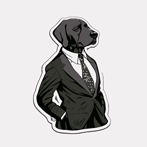 dog in black business suit, mike mignola style, white background, vector, full detailed sticker