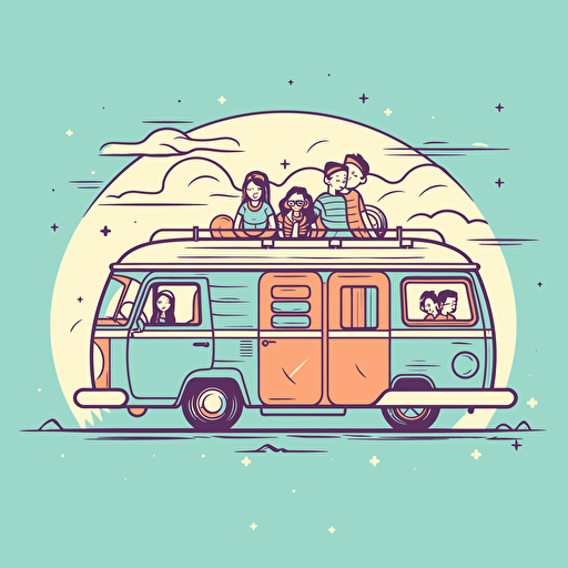 simple line illustration of a family travelling in a campervan, vector art style