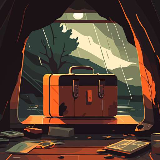 illustrated quirky scene of a briefcase in a quirky environment. Vector. Moody