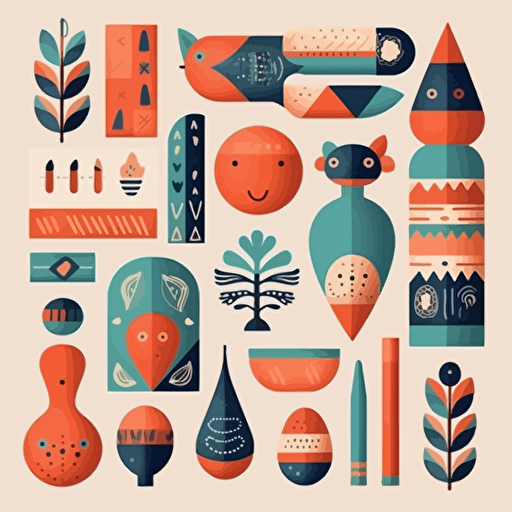 illustration colorful assorted wooden objects, scandinavian design, vectors, flat