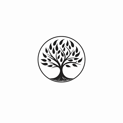 a black and white minimalistic logo, C shape, tree, seeds, leaves, whitespace, vector