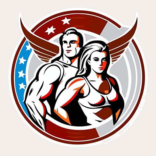 logo of two American Patriots. One male and one Female doing physical fitness training. Drawn in a circle. White background. Vector. Clean colors. No shadows.