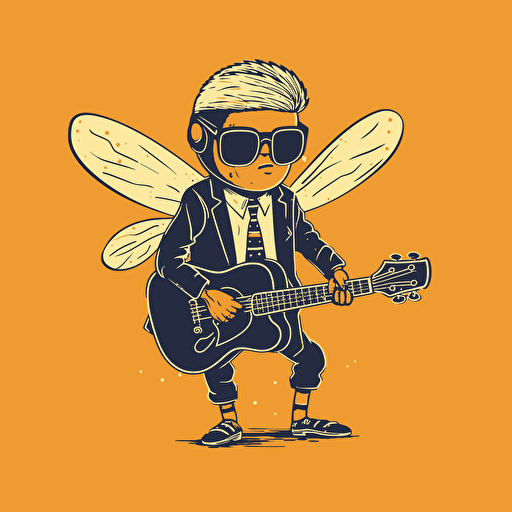 vectorial drawing of logo of a antropomorphic fruit fly wearing a suit and playing the guitar, sunglasses, punk rock clothing style, minimalistic