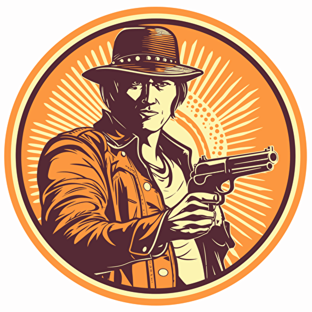vector round sticker man 70's with revolver stylized