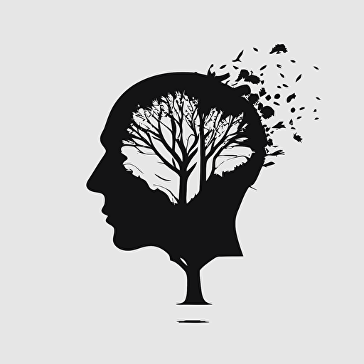 Modern, Minimalist iconic logo of head with tree sprouting out of the brain, black vector, on white background