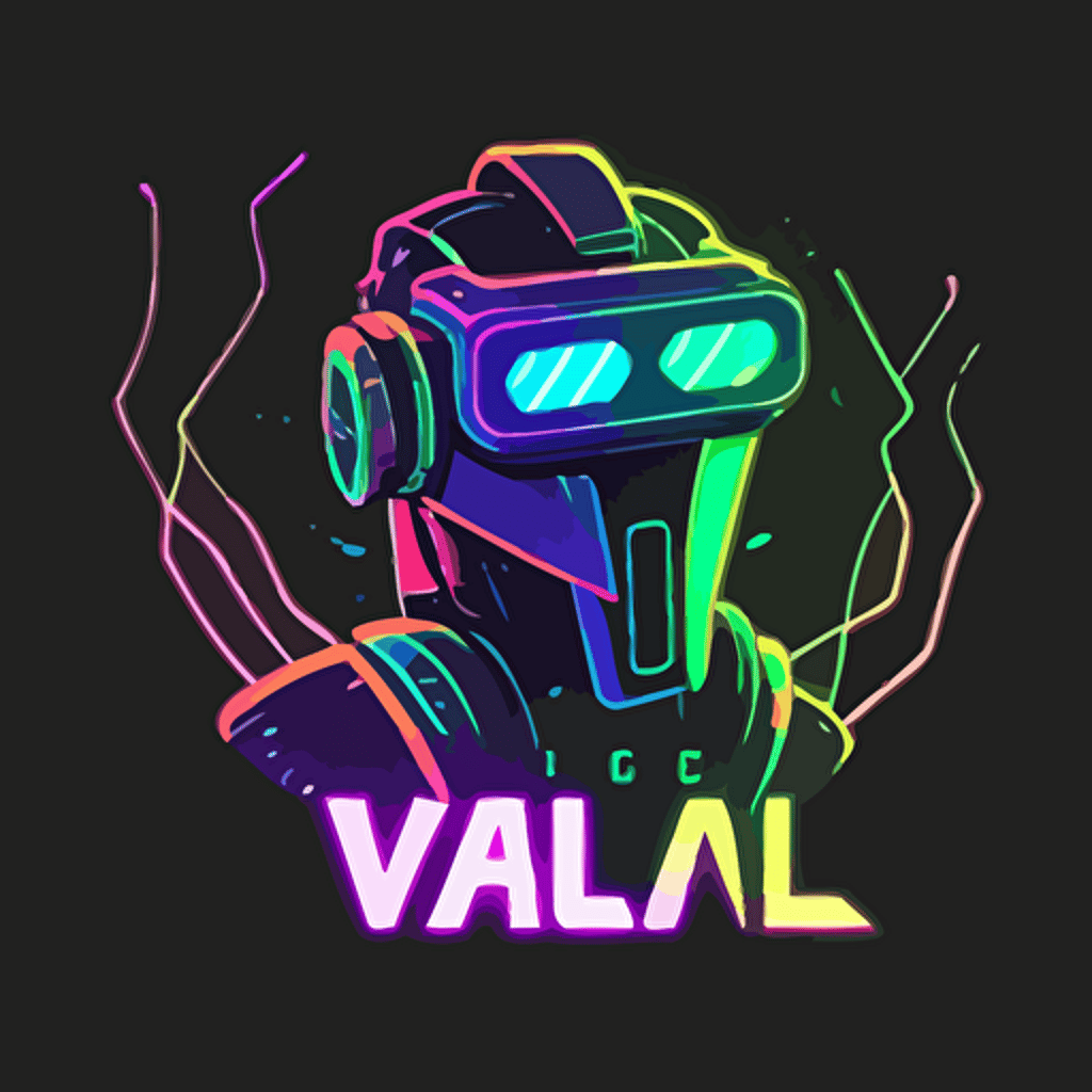 flat logo of a robot wearing a VR headset, vectorized, neon colors, used for a company that provides VR experiences