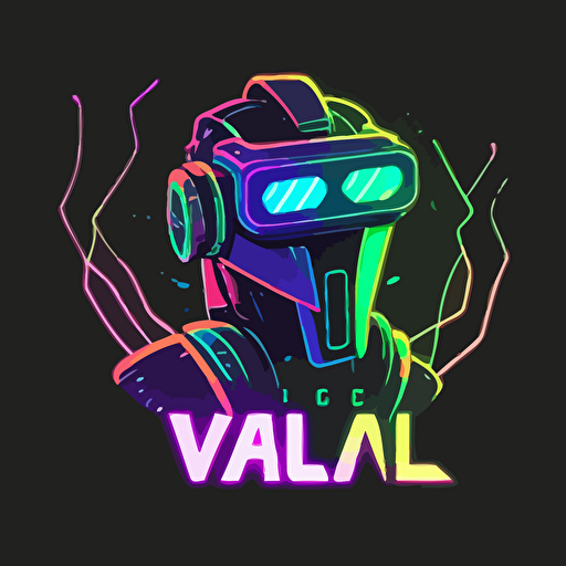 flat logo of a robot wearing a VR headset, vectorized, neon colors, used for a company that provides VR experiences