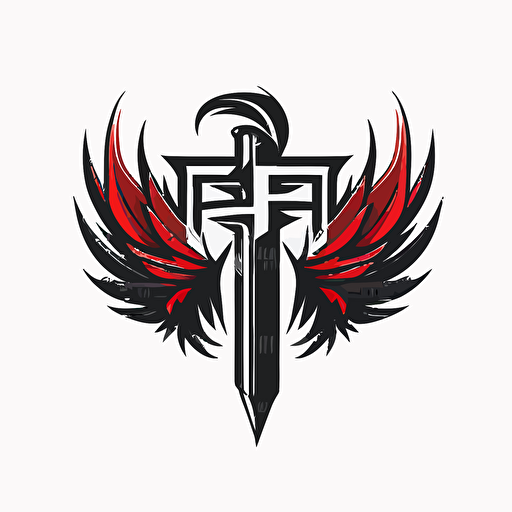 simple logo minimalist illustration of a sword with eagle wings red and black vector letter "F" letter "R"