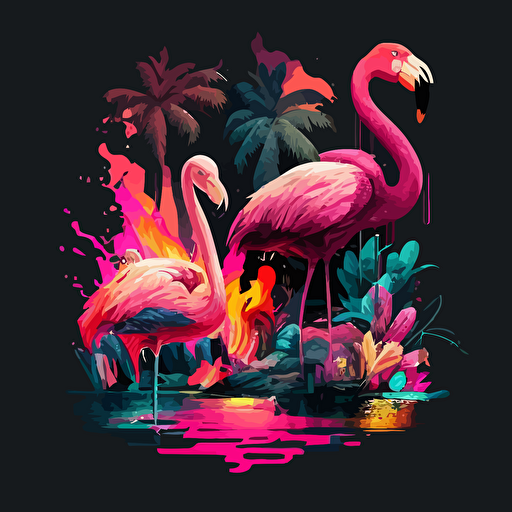 toucan and flamingo comparing to each other::vector, illustration, colorful, vaporwave colors::no background color