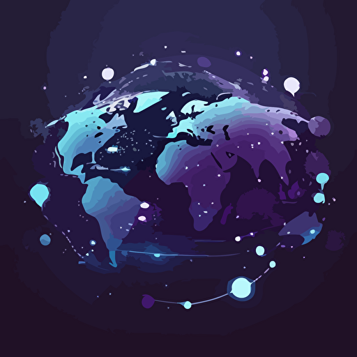 a dark blue background with the earths map created using white dots to make the shapes of the continent with purple user avatars in circles scattered around with a light blue line bouncing between them. Flat vector, ar 16:9