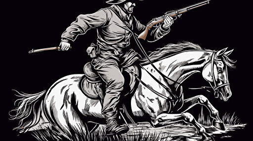 confederate soldier firing a musket and riding a galloping war horse, profile view, black and white vector style, tribal illustration, thick stroke logo