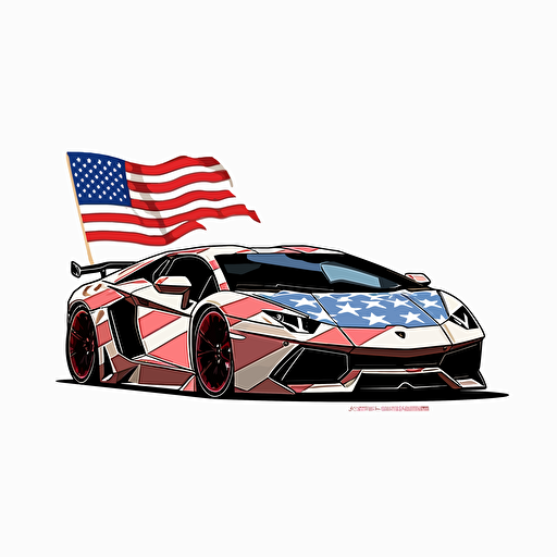 usa flag lambo, detailed, cartoon style, 2d clipart vector, creative and imaginative, floral, hd, white background