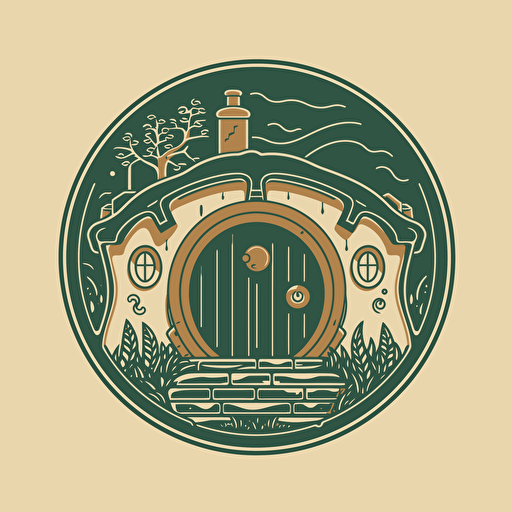 logo design, flat 2d vector logo of a hobbit hole, muted green and gold colors, 80s, lord-of-the-rings-inspired