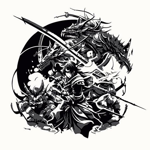 vector sketch, infinite dragons battle with samurai warriors, center composition, black and white