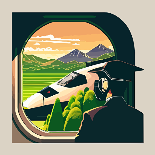 Inspired by the famous Japanese bullet train (Shinkansen), create a vector illustration of Satoshi Nakamoto traveling on the Shinkansen, admiring the beautiful landscapes passing by outside the window. Set the scene during a relaxing journey through the countryside.