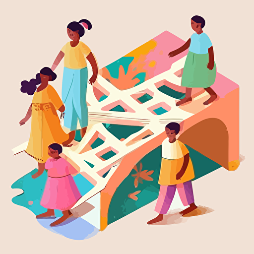 four diverse indians in pastel color outfits, trying build a bridge which is broken, vector style