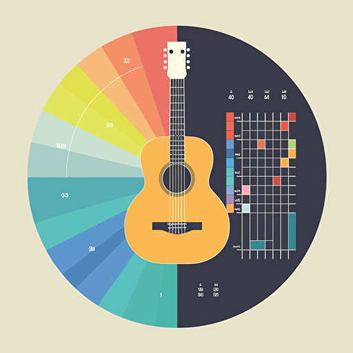 a vector illustration of a guitar with a pie chart on its body, showing the distribution of music genres in a dataset. The illustration is done in a flat and minimalist style, with solid colors and simple shapes. The illustration conveys a sense of simplicity, clarity, and proportion