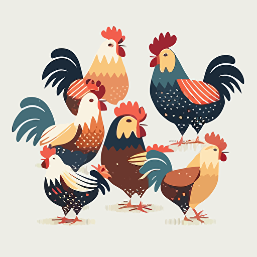 chickens, retro vector style, white background