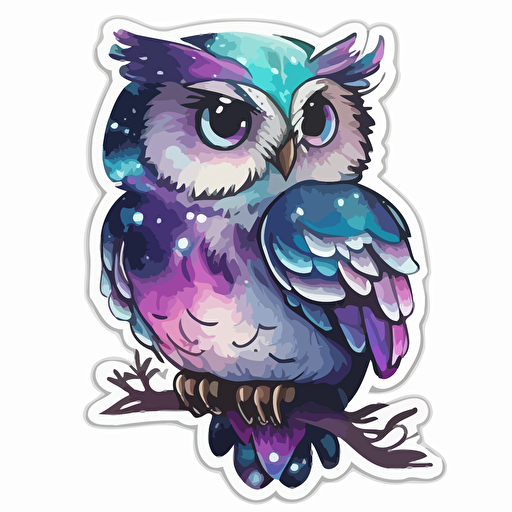 sticker of cute vector painting galaxy owl, purple and blue colors,white background disney-inspired