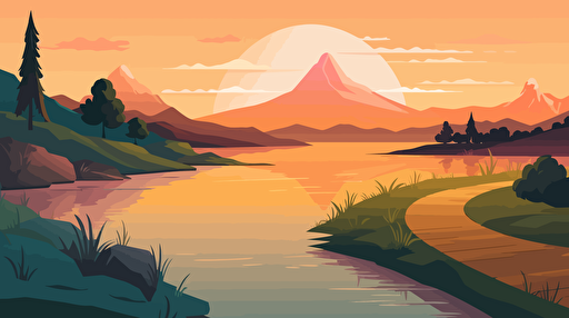 multiple walking paths leading to the horizon in a landscape with a mountain and a lake. vector illustration.