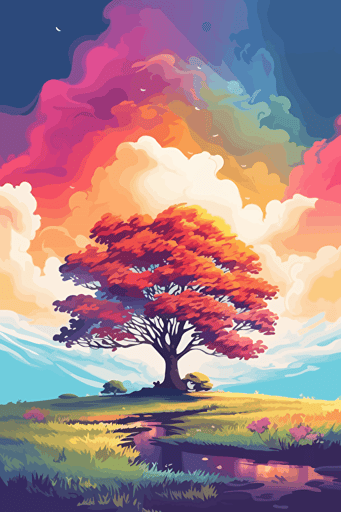 Beautiful landscape with a single large tree in the centre, Vivid rainbow colours. Vector styled