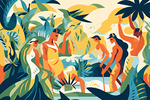 On a tropical island, the captain is celebrating the discovery of treasure on the beach, with hostile native people visible in the background, ready to attack him. This is an expressionist style of Picasso, minimalist shapes vector style and featuring bright colors.
