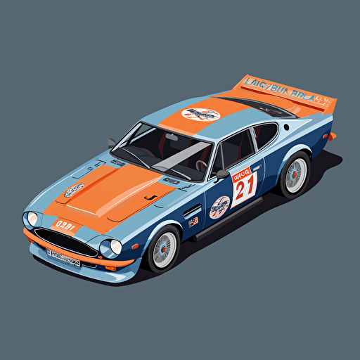isometric 2008 Aston Martin DBS Coupe with Gulf Oil livery icon, in the style of Matthew Skiff illustrations, in the style of Christopher Lee illustrations, in the style of Jonathan Ball illustrations, simple, rough-edged drawing, vector illustration, flat art,