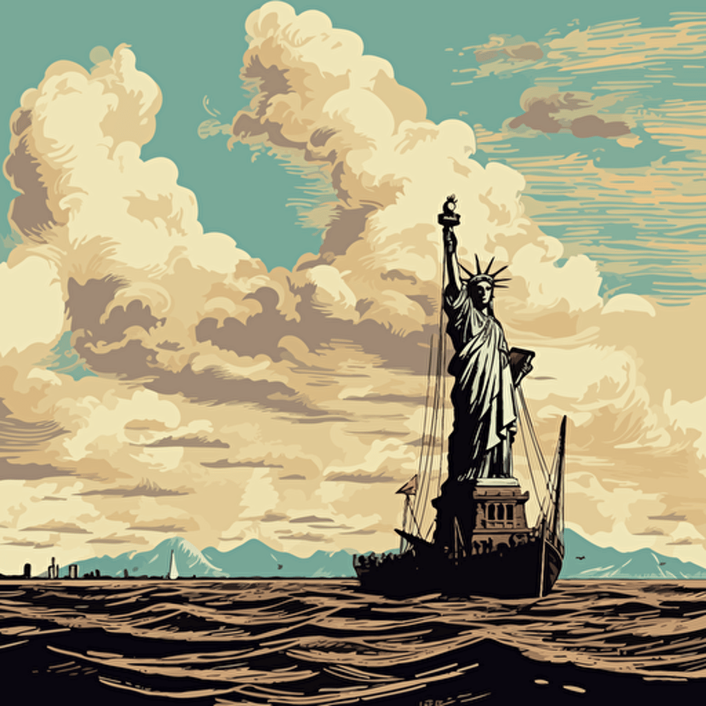 Statue of Liberty, New York skyline, 1800s, ferry, vector art, clouds